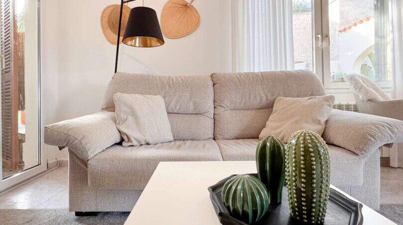 Helles Wohnzimmer mit grauem Sofa, Kaktus-Deko und großen Fenstern in Strandwohnung Cala Murada