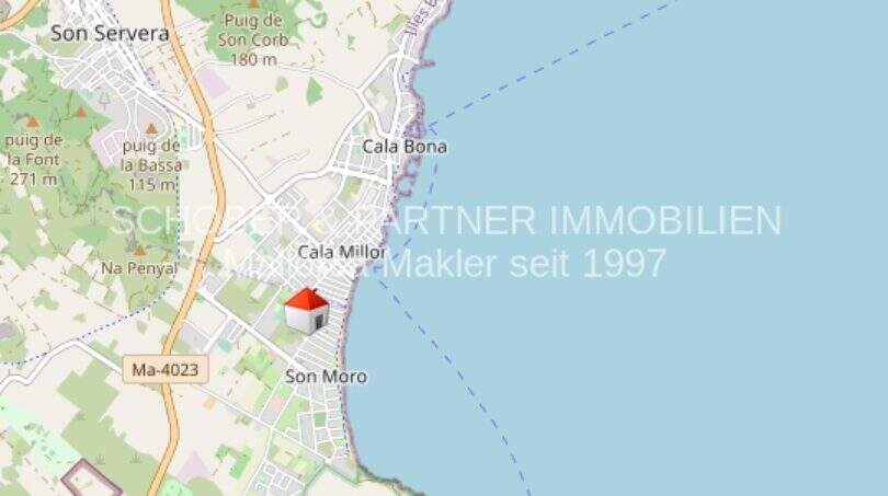 Karte zeigt Lage der Appartement-Anlage im Zentrum von Cala Millor, Mallorca, direkt an der Küste.