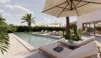 Luxuriöser Poolbereich mit Sonnenliegen, Palmen und modernem Villengebäude in Cala Murada