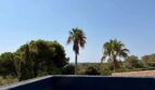 Roof terrace of the retro villa in Porto Cristo with palms and view over Mediterranean pine landscape