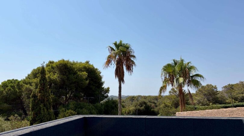 Roof terrace of the retro villa in Porto Cristo with palms and view over Mediterranean pine landscape