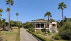 Outside view of a Mediterranean villa in Porto Cristo with well-maintained garden, palms and covered terrace.