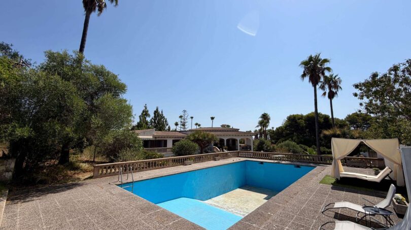 Large outdoor pool of the retro villa in Porto Cristo with sun loungers, canopy bed and palms