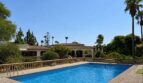Large outdoor pool of the retro villa in Porto Cristo with Mediterranean balustrade and palm garden