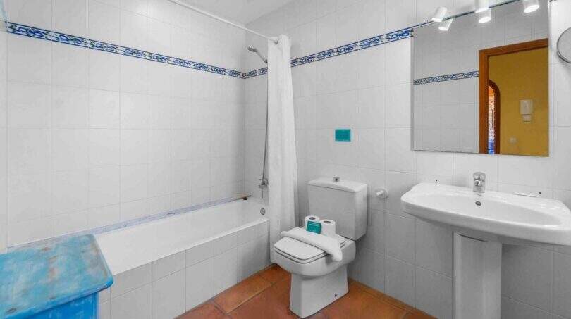 Helles Badezimmer der Windmühle mit Badewanne, WC, Waschbecken, Terrakottaboden und blau-weißen Fliesen.