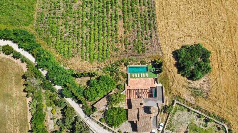 Luftaufnahme der Finca mit Pool, Weinberg und Feldern in Felanitx, Mallorca