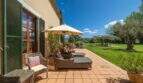 Sunny terrace of the Felanitx finca with rattan furniture, sun umbrella and well-maintained garden with olive tree