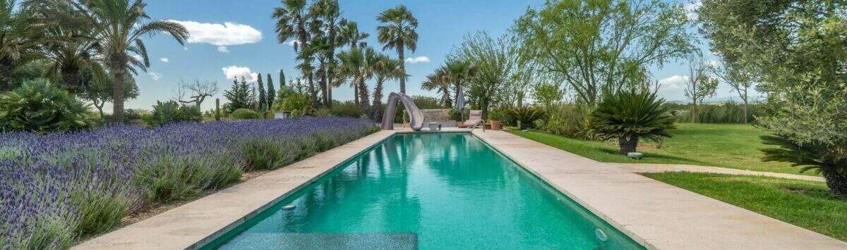 Infinity pool with lavender beds and palms of the exclusive Finca in Felanitx