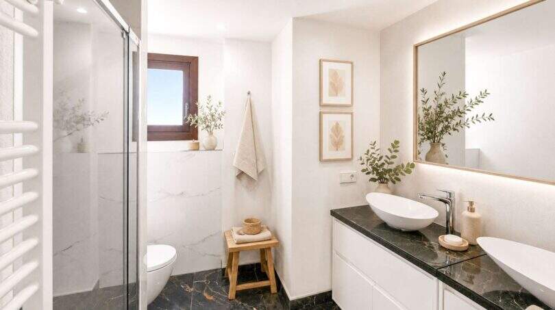 Modernes Badezimmer mit dunklem Marmorboden, weißen Waschtischen und Dusche in Wohnung in Felanitx