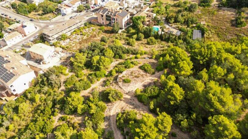 Luftaufnahme eines 32.000 m² Grundstücks in Capdepera mit üppiger Vegetation, Wegen und angrenzender Bebauung.