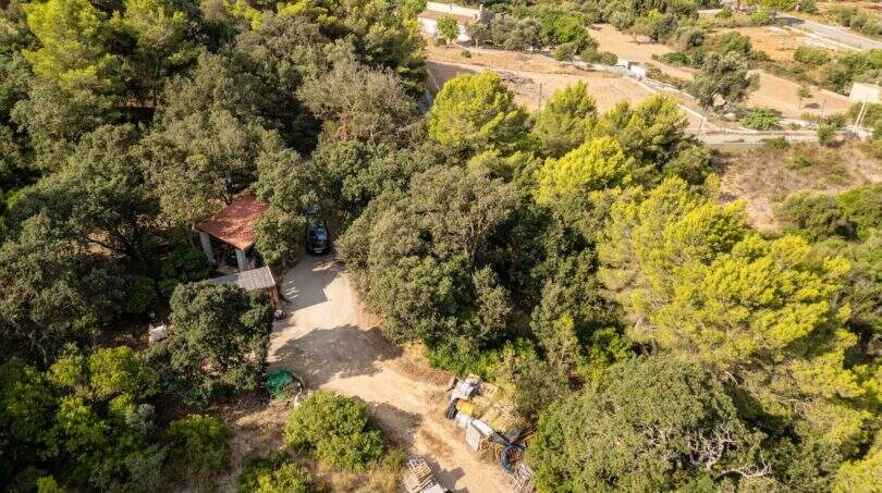 Luftaufnahme eines bewaldeten Grundstücks in Capdepera mit kleinem Gebäude, Schotterweg und üppiger mediterraner Vegetation.