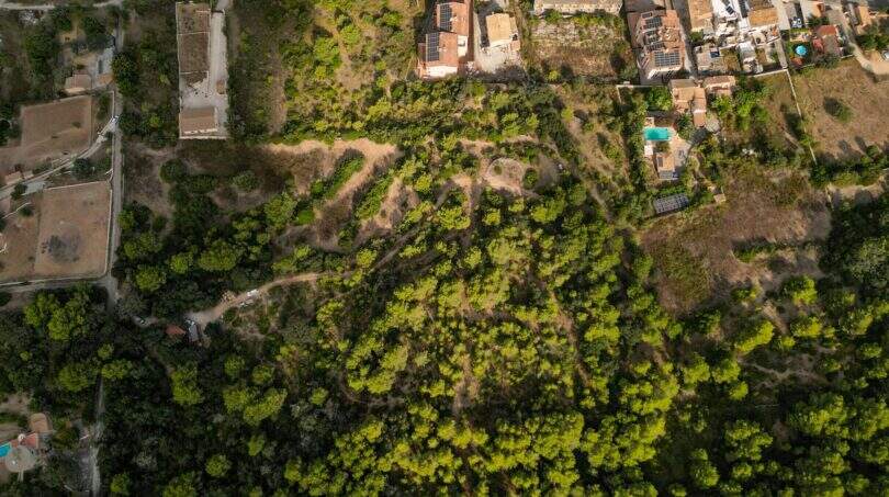 Luftaufnahme eines 32.000 m² Grundstücks in Capdepera mit üppiger Vegetation, Wohnhäusern und Solaranlagen.
