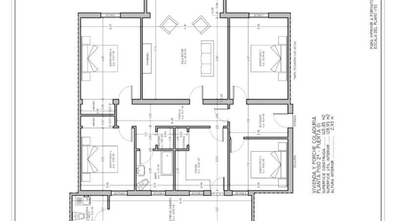 Grundriss einer großen Wohnung in Palma mit 4 Schlafzimmern, Wohnbereich, Küche und Bad, ca. 145 m² Wohnfläche.
