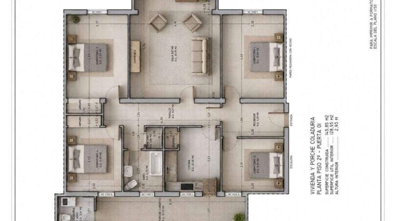 Grundriss einer großen 4-Zimmer-Wohnung, 145,85 m² Wohnfläche, mit Salon, Küche und Porche in Palma.