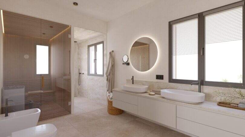 Modernes Badezimmer der Designvilla in Cala Murada mit Doppelwaschbecken, Sauna und Natursteinoptik