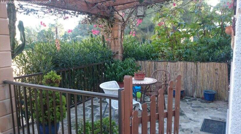 Terrace of the chalet in Cala Murada with seating group, pergola, lush plants and bamboo wall privacy screen.