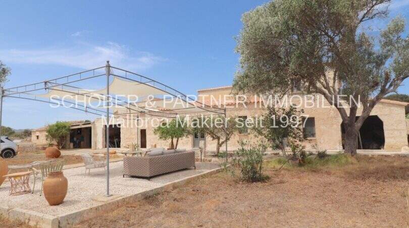Außenansicht saniertes Mallorca-Landhaus mit Natursteinfassade, Sonnensegel-Terrasse, Outdoor-Sofa und altem Olivenbaum