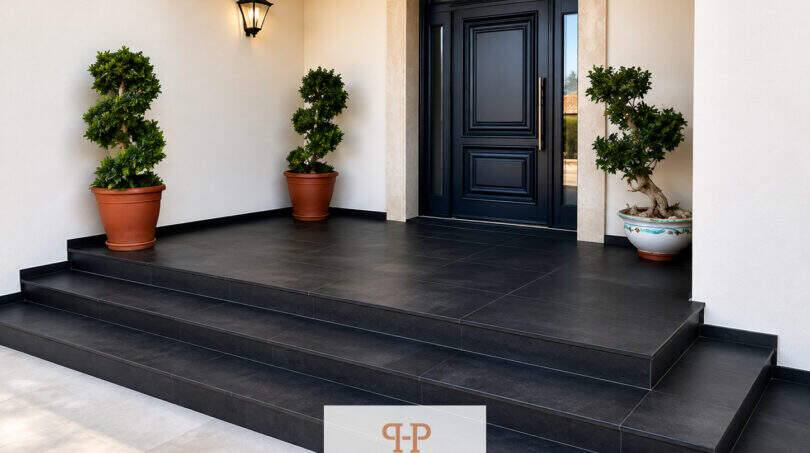 Eleganter Hauseingang der Villa Sa Torre mit schwarzer Designtür, Natursteinstufen und mediterranen Topfpflanzen