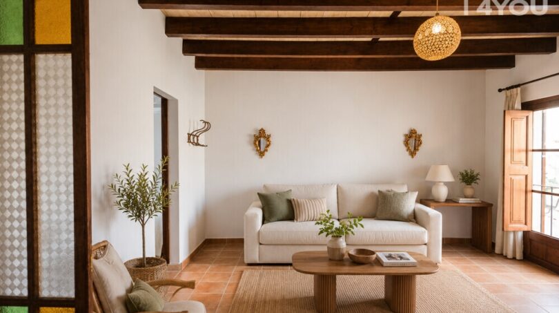 Helles Wohnzimmer mit Holzbalkendecke, Terrakottaboden, weißem Sofa und bunten Glasfenstern im Stadthaus Petra
