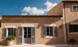Außenansicht Stadthaus Sant Llorenç: Sandsteinmauern, graue Fensterläden, mediterrane Architektur mit Innenhof.