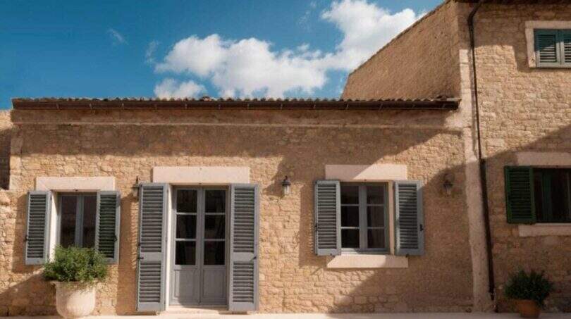 Außenansicht Stadthaus Sant Llorenç: Sandsteinmauern, graue Fensterläden, mediterrane Architektur mit Innenhof.