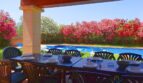 Überdachte Terrasse mit gedecktem Esstisch, Pool und blühenden Oleanderbüschen auf Finca bei Felanitx