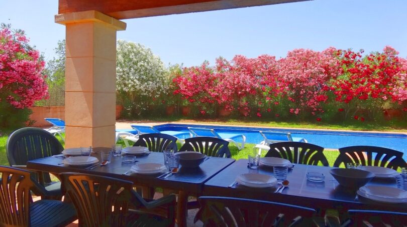 Überdachte Terrasse mit gedecktem Esstisch, Pool und blühenden Oleanderbüschen auf Finca bei Felanitx