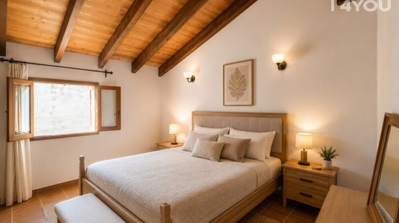 Schlafzimmer mit Holzbalkendecke, Doppelbett, Wandleuchten und Terrakottaboden im Stadthaus Petra