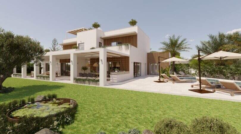 Moderne Designvilla in Cala Murada mit Pool, Sonnenterrasse, Gartenteich und üppiger Bepflanzung