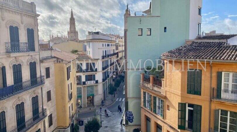 Vista desde apartamento del casco antiguo a la bulliciosa zona peatonal de Palma con edificios históricos y catedral al fondo