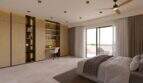 Modernes Schlafzimmer mit Einbauschrank, Schreibtisch, Deckenventilator und Balkonzugang in Designvilla Cala Murada