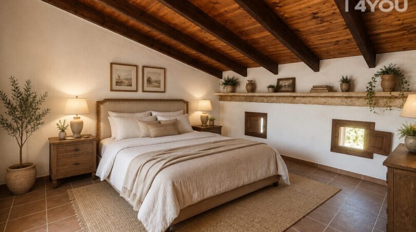 Schlafzimmer mit Holzbalkendecke, Natursteinsims, Terrakottaboden und mediterranem Landhausstil in Petra.