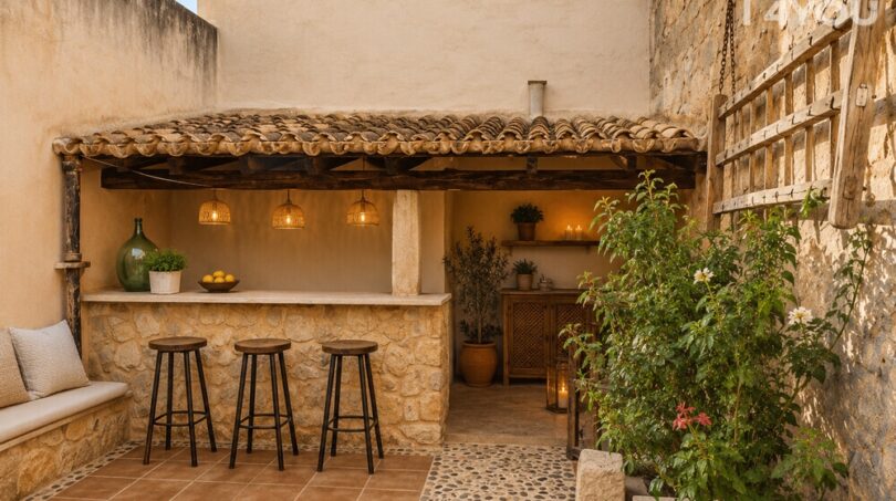 Mediterraner Patio mit rustikaler Außenbar, Natursteinwänden, Barhockern und Terrakottadach in Stadthaus Petra