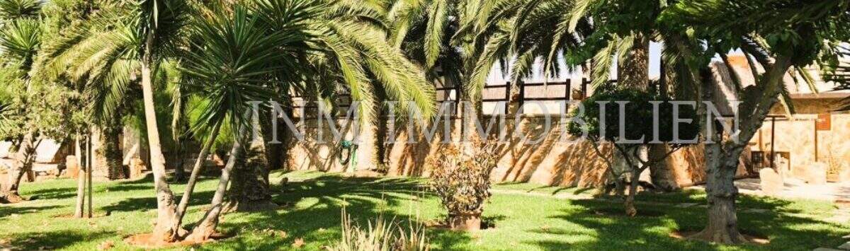 Gepflegter Garten mit Palmen, Aloe Vera und Natursteinweg des rustikalen Hauses in S'Aranjassa, Palma