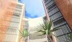 Inner courtyard of the Meereslinie apartment Palmanova with yucca palms and modern building facades under blue sky.