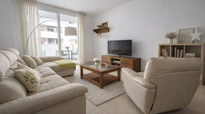 Helles Wohnzimmer mit Ecksofa, Holzmöbeln und Balkonzugang in modernem Apartment in Palma de Mallorca
