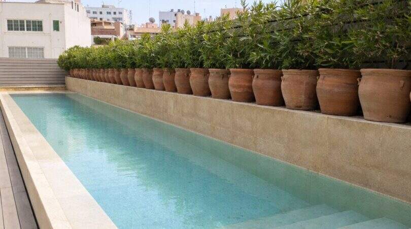 Eleganter Dachpool mit Natursteinverkleidung und Terrakotta-Pflanzkübeln auf urbanem Rooftop in Palma