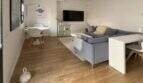 Helles Wohnzimmer mit grauem Sofa, TV-Bereich und Essplatz, Parkettboden, modernes Design im Penthouse Palma
