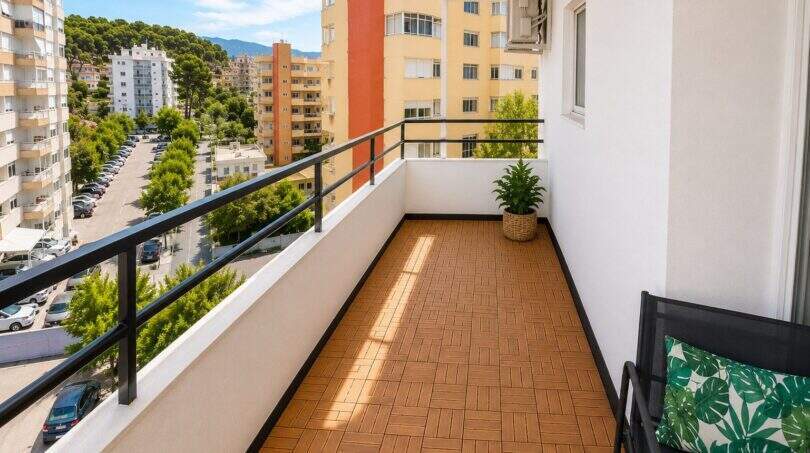 Sonniger Balkon mit Holzfliesen, Stadtblick und Bergen im Hintergrund, Penthouse Cala Major, Palma de Mallorca
