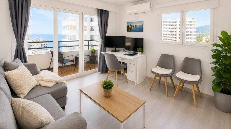 Helles Wohnzimmer im Penthouse Cala Major mit Meerblick, grauem Sofa, Arbeitsbereich und Balkon.