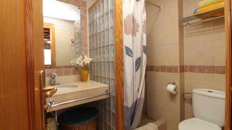 Bathroom with shower, toilet, sink and glass block wall in a multi-family building in Palma de Mallorca.