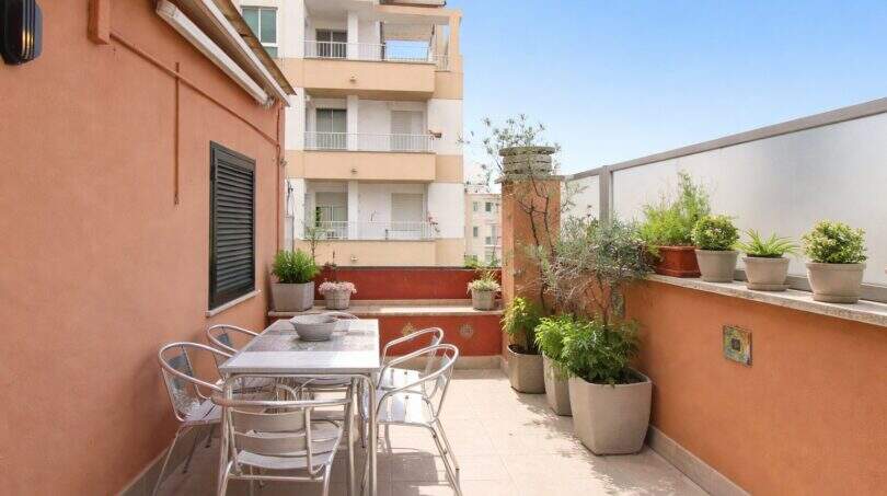 Sunny roof terrace with dining table, chairs and potted plants, view of neighboring buildings in Palma de Mallorca.