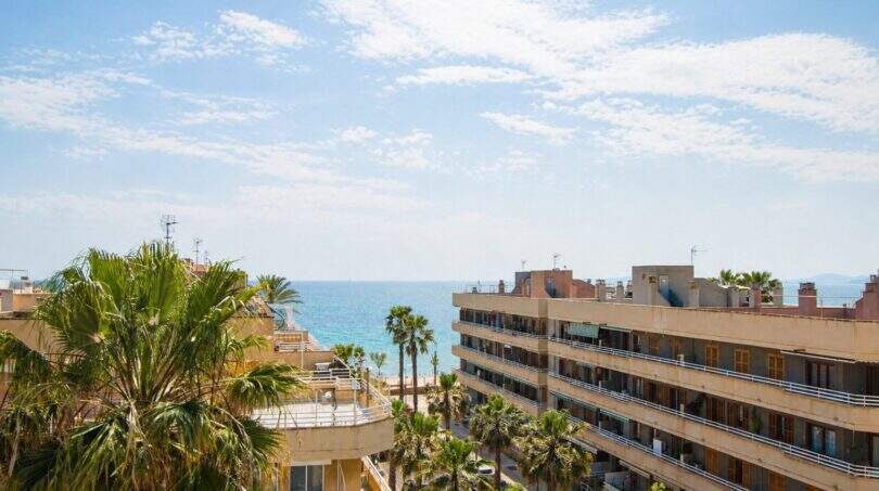 Balkonblick auf Mittelmeer, Palmen und Strandpromenade in Portixol, Palma de Mallorca