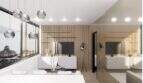 Modernes Wohnzimmer im Designer-Loft mit Holzlamellenwand, TV-Einheit und Meerblick durch Panoramafenster in Palma