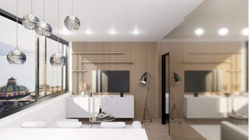 Modernes Wohnzimmer im Designer-Loft mit Holzlamellenwand, TV-Einheit und Meerblick durch Panoramafenster in Palma