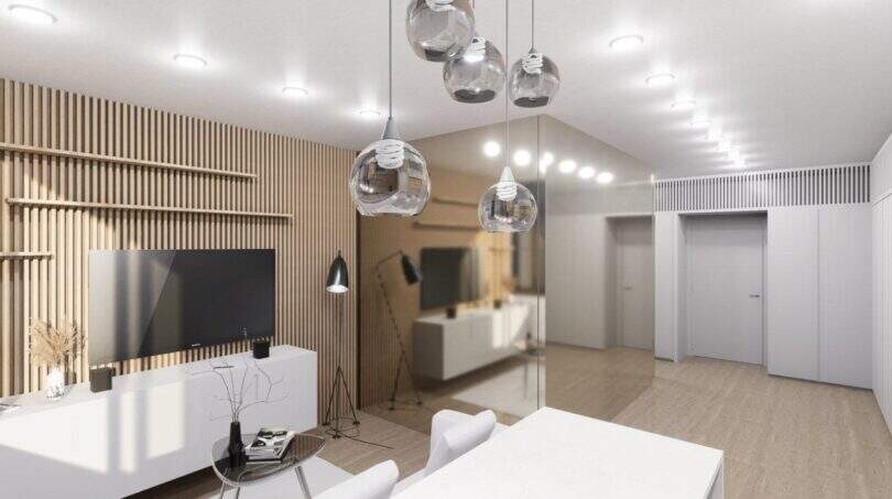 Modernes Wohnzimmer mit Holzlamellenwand, TV-Einheit und eleganten Pendelleuchten im Designer-Loft Palma