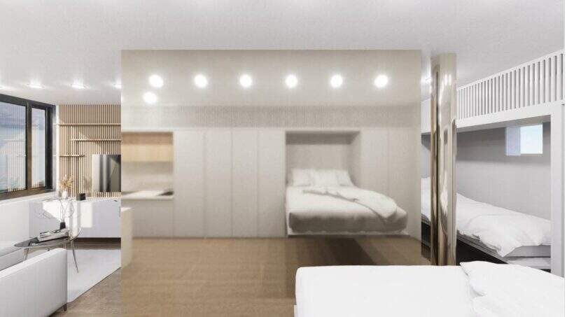 Modernes Designer-Loft mit Doppelstockbett, Wandbett, offener Küche und hellem Wohnbereich in Palma