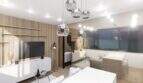 Modernes Wohnzimmer im Penthouse-Loft Palma mit Holzlamellenw and, TV-Bereich und eleganten Pendelleuchten