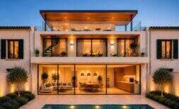 Stadthaus Portixol Palma: beleuchtete Außenansicht mit Pool, Terrassen und großen Glasfronten bei Dämmerung.