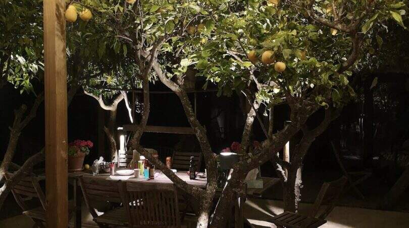 Beleuchtete Terrasse der Finca Campanet bei Nacht mit Zitronenbaum, Holzmöbeln und Lichterketten